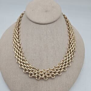 Gold Tone Interlocking Woven Weave Necklace Heavy Chain Metal Chic Choker 18"
